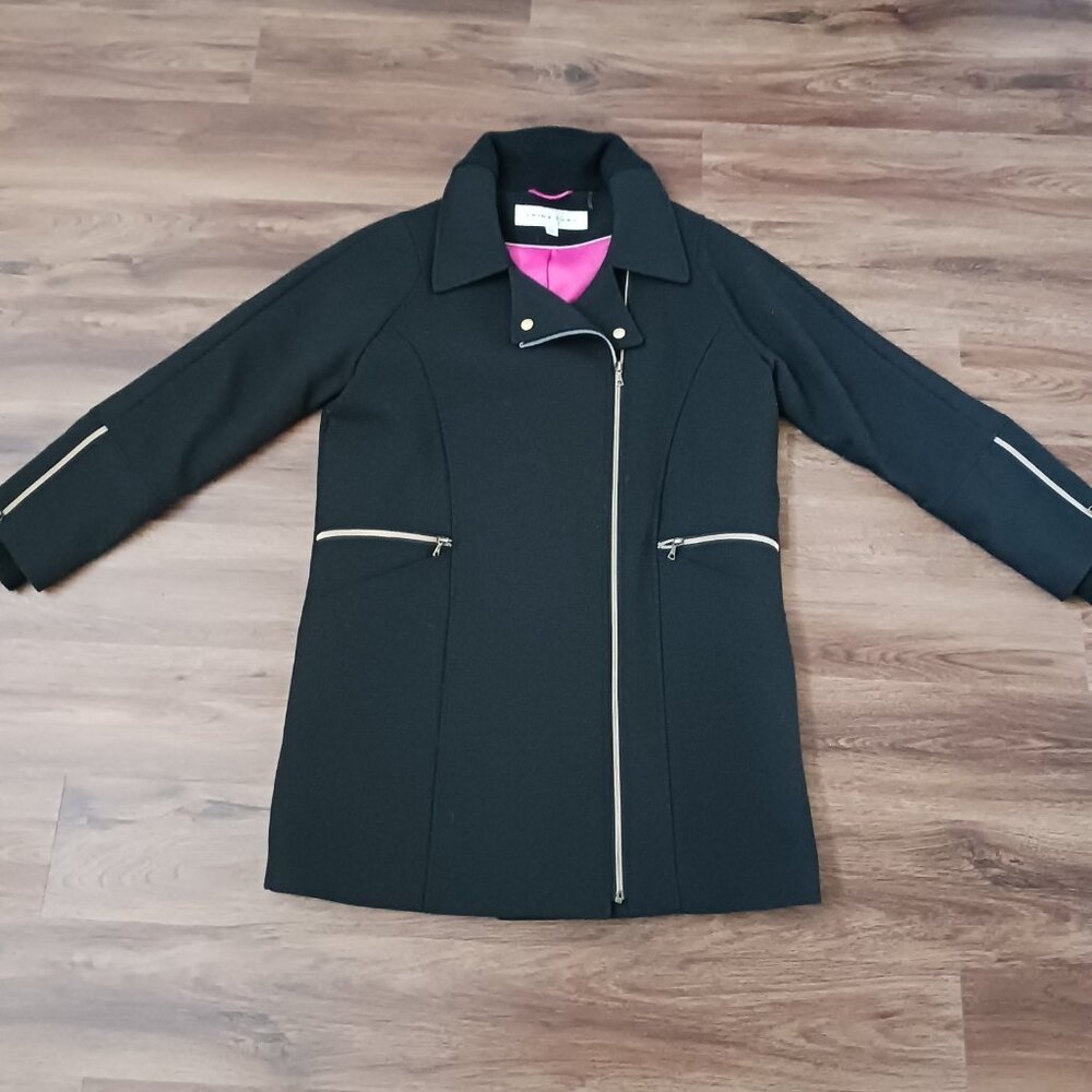 Trina Turk Zipper Black Wool Blend Winter Coat Jacket Size 10 Pink Lining